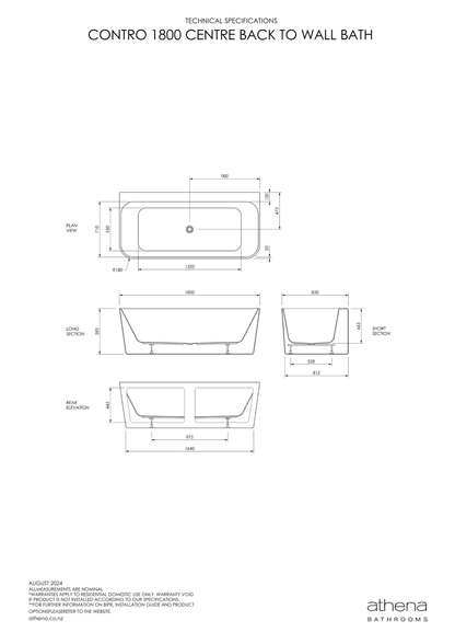 Athena Contro Back To Wall Bath 1800mm