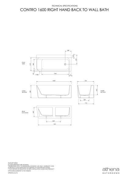 Athena Contro Back To Wall Bath Right Hand 1600mm