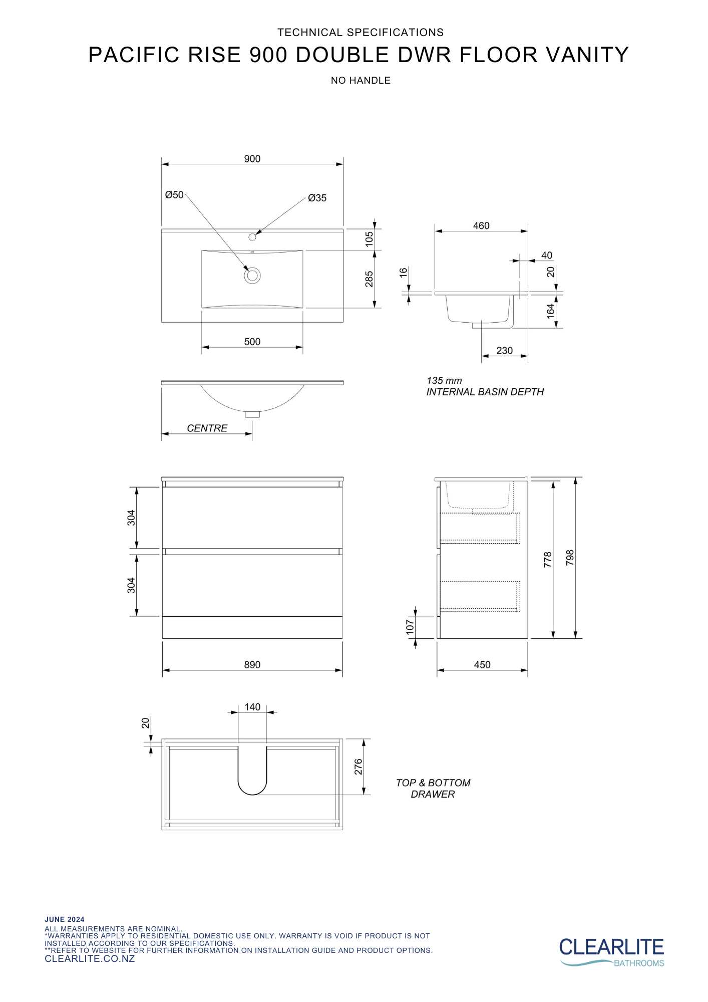 Clearlite Pacific Rise Double Drawer Floor Standing Vanity 900mm - Available in 3 Colours