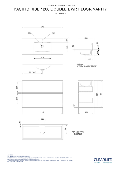 Clearlite Pacific Rise Double Drawer Floor Standing Vanity 1200mm - Available in 3 Colours