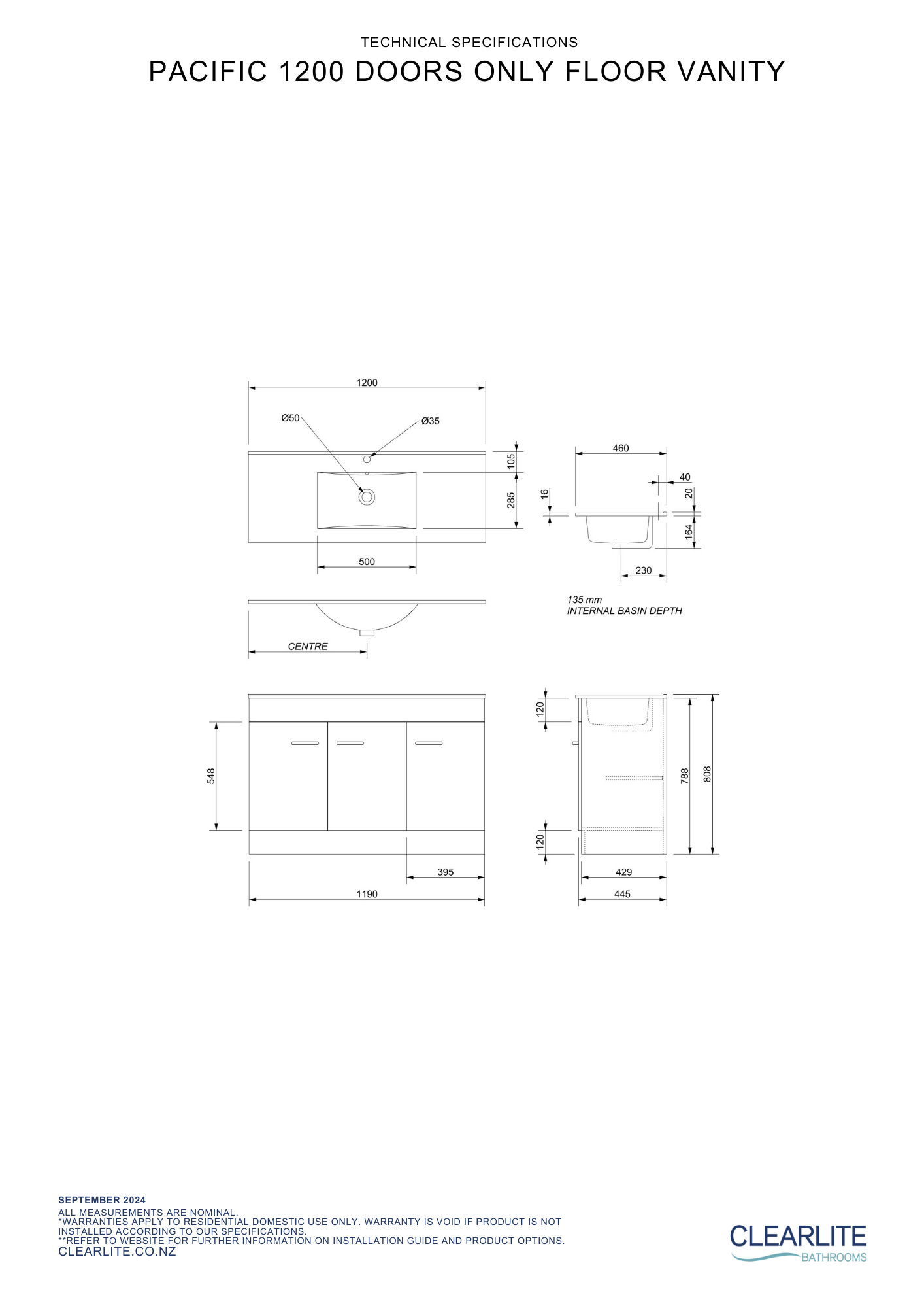 Clearlite Pacific Door Only Floor Standing Vanity 1200mm - Available in 3 Colours