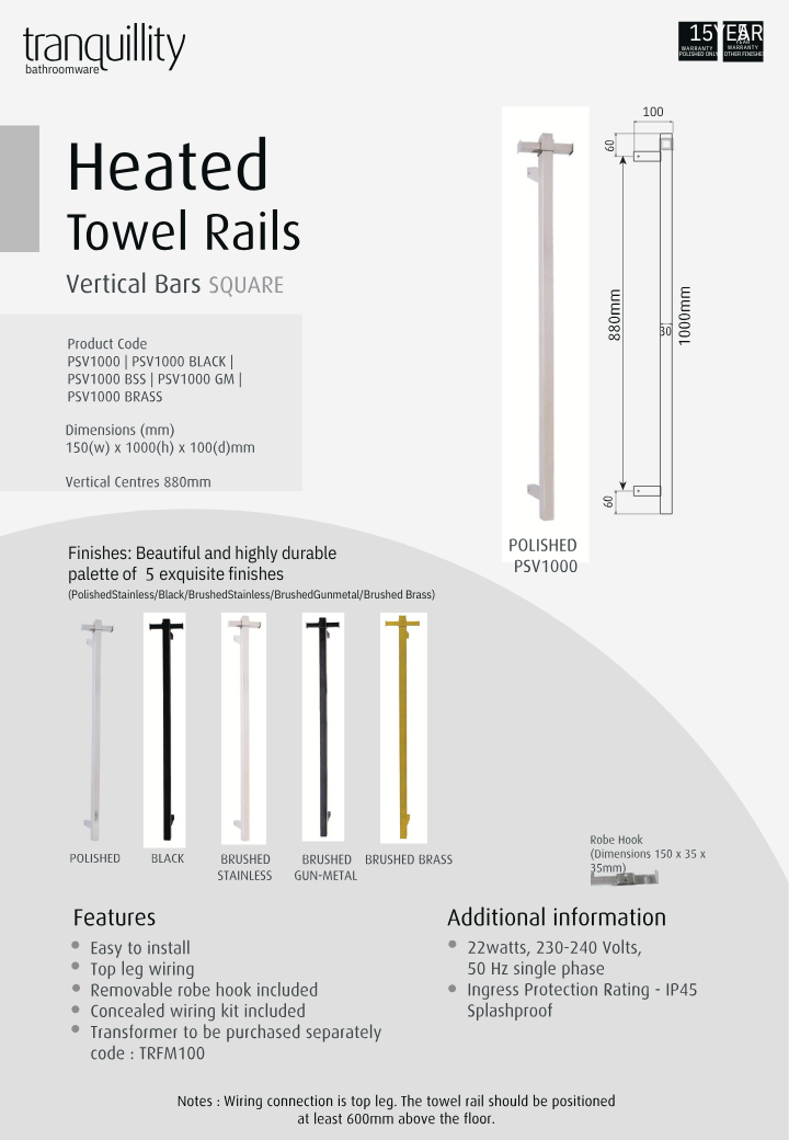 Tranquillity Square Vertical Heated Towel Bar 1000mm - Available in 5 Colours