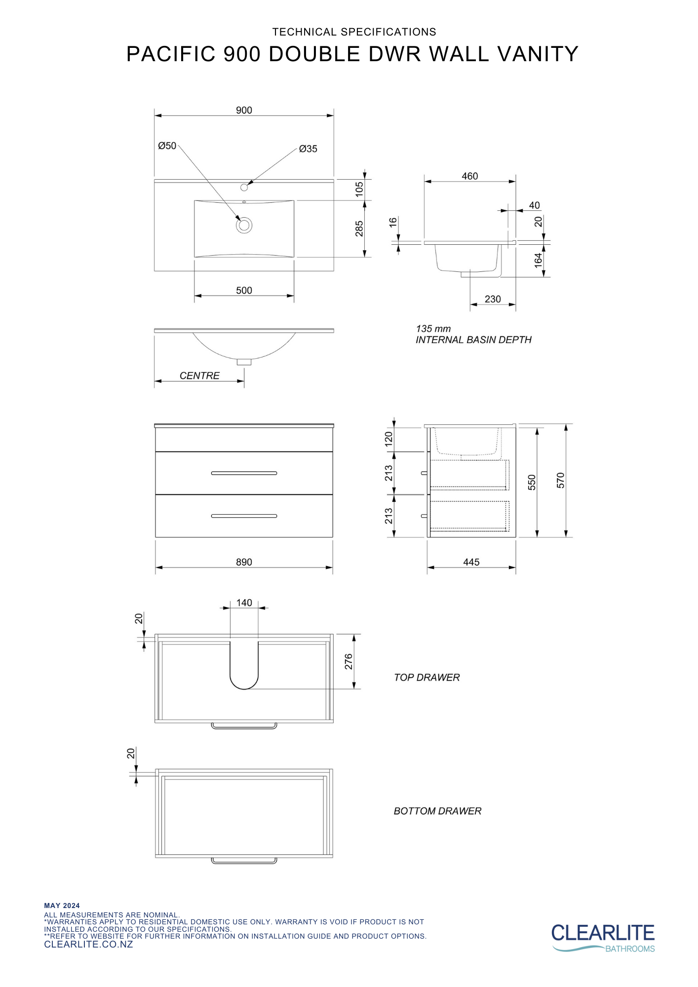 Clearlite Pacific Double Drawer Wall Hung Vanity 900mm - Available in 3 Colours