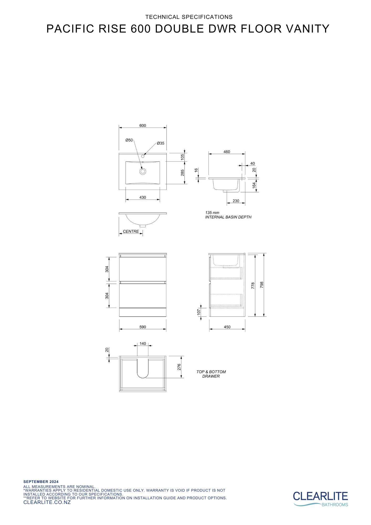 Clearlite Pacific Rise Double Drawer Floor Standing Vanity 600mm - Available in 3 Colours