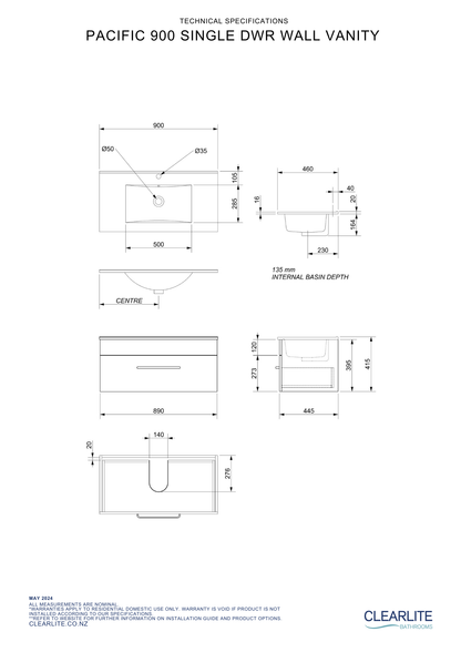 Clearlite Pacific Single Drawer Wall Hung Vanity 900mm - Available in 3 Colours