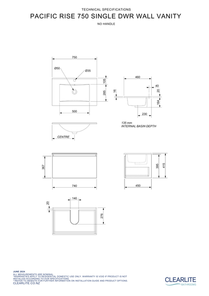 Clearlite Pacific Rise Single Drawer Wall Hung Vanity 750mm - Available in 3 Colours