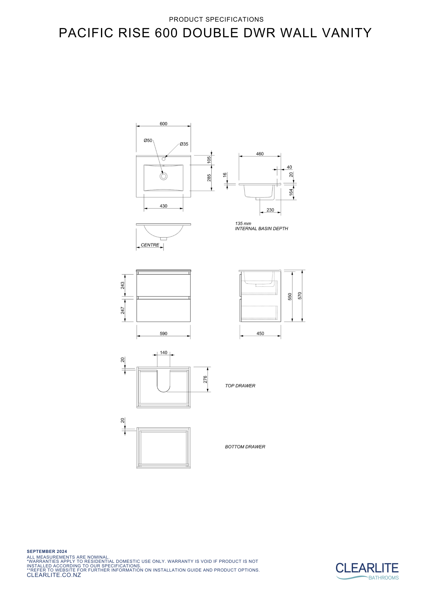 Clearlite Pacific Rise Double Drawer Wall Hung Vanity 600mm - Available in 3 Colours
