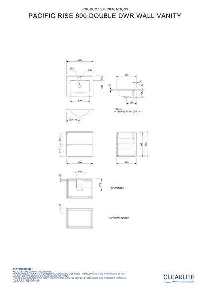 Clearlite Pacific Rise Double Drawer Wall Hung Vanity 600mm - Available in 3 Colours
