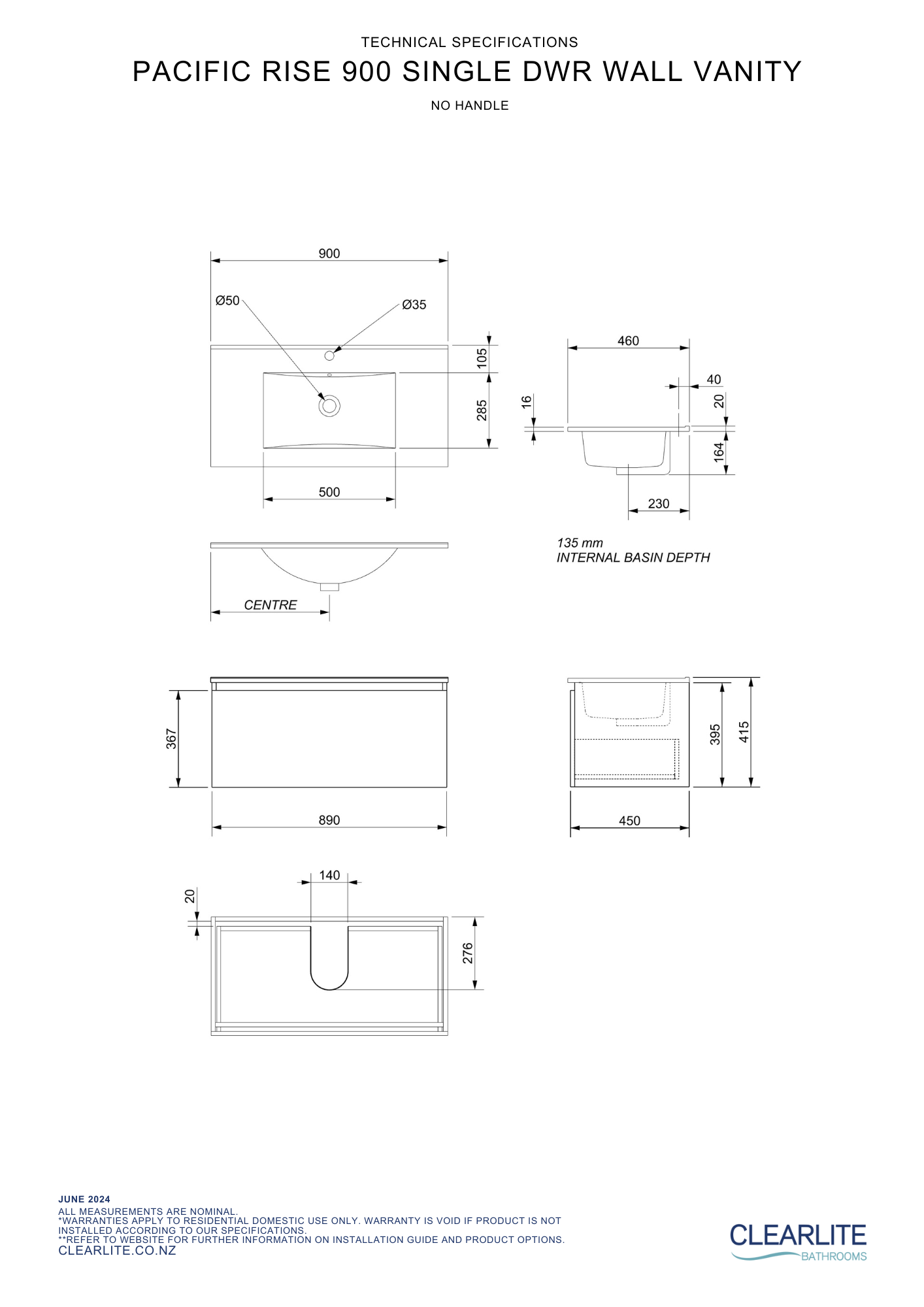 Clearlite Pacific Rise Single Drawer Wall Hung Vanity 900mm - Available in 3 Colours