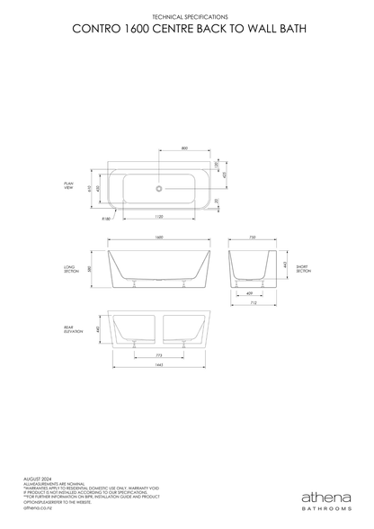 Athena Contro Back To Wall Bath 1600mm