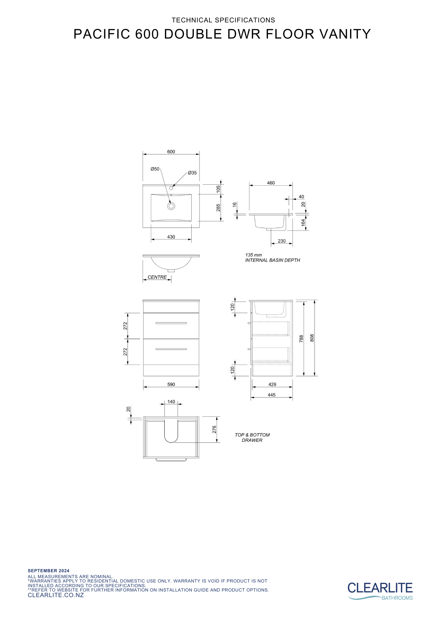 Clearlite Pacific Double Drawer Floor Standing Vanity 600mm - Available in 3 Colours