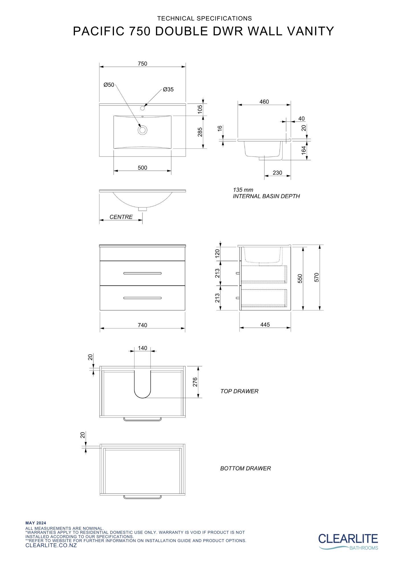 Clearlite Pacific Double Drawer Wall Hung Vanity 750mm - Available in 3 Colours