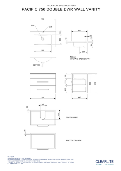 Clearlite Pacific Double Drawer Wall Hung Vanity 750mm - Available in 3 Colours
