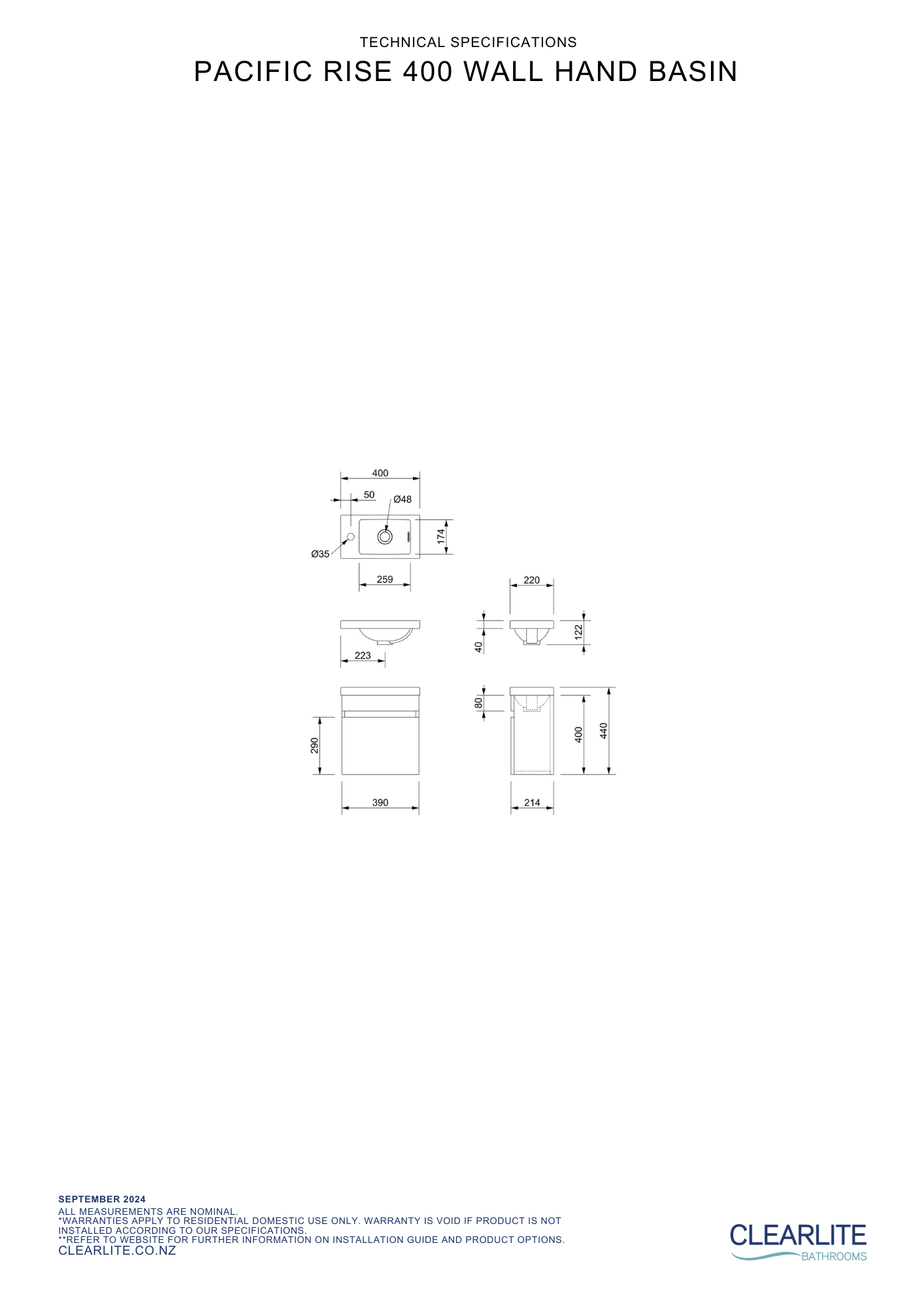 Clearlite Pacific Rise Hand Basin Wall Hung Vanity 400mm - Available in 3 Colours