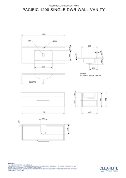 Clearlite Pacific Single Drawer Wall Hung Vanity 1200mm - Available in 3 Colours