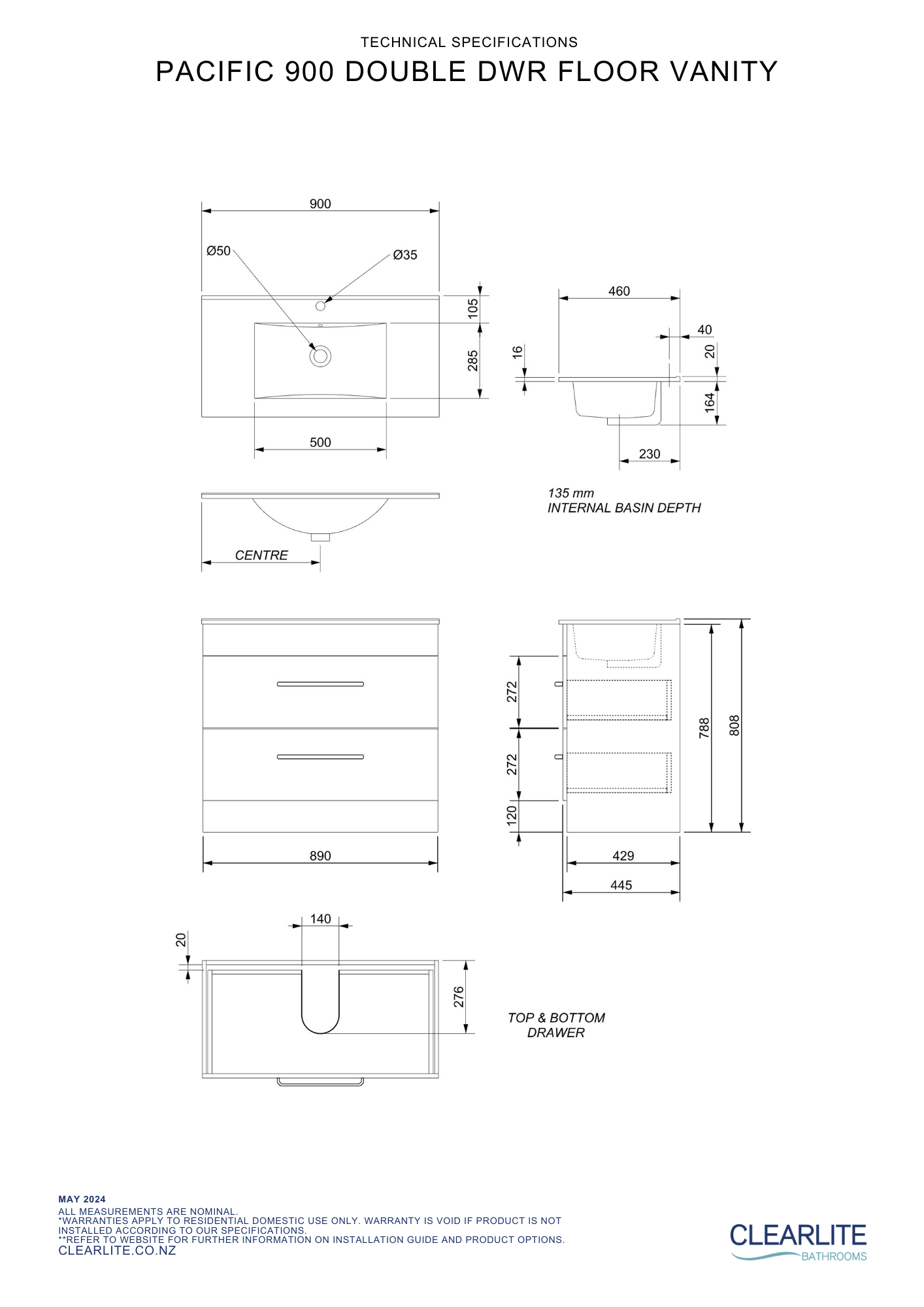 Clearlite Pacific Double Drawer Floor Standing Vanity 900mm - Available in 3 Colours