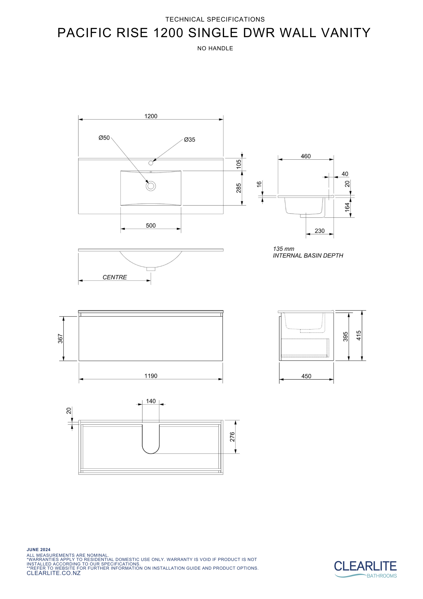 Clearlite Pacific Rise Single Drawer Wall Hung Vanity 1200mm - Available in 3 Colours