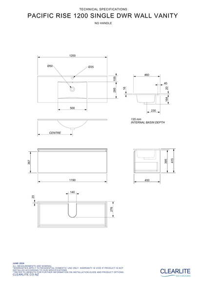 Clearlite Pacific Rise Single Drawer Wall Hung Vanity 1200mm - Available in 3 Colours
