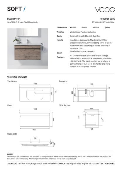 VCBC Soft 1 Drawer Wall Hung Vanity - 5 Sizes / 13 Colour Options