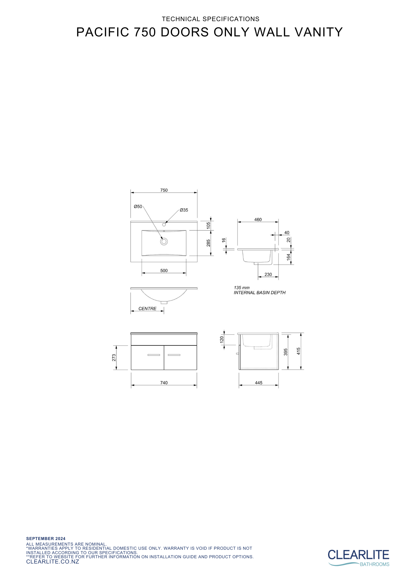 Clearlite Pacific Door Only Wall Hung Vanity 750mm | Available in 3 Colours