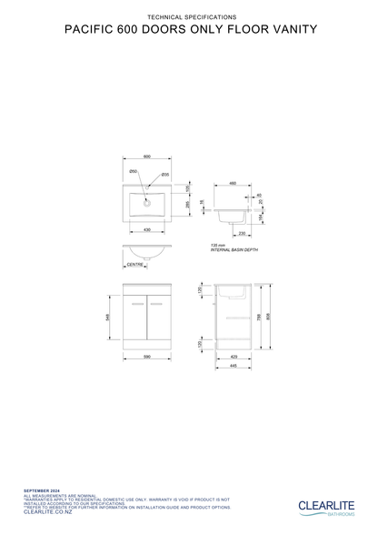 Clearlite Pacific Door Only Floor Standing Vanity 600mm - Available in 3 Colours