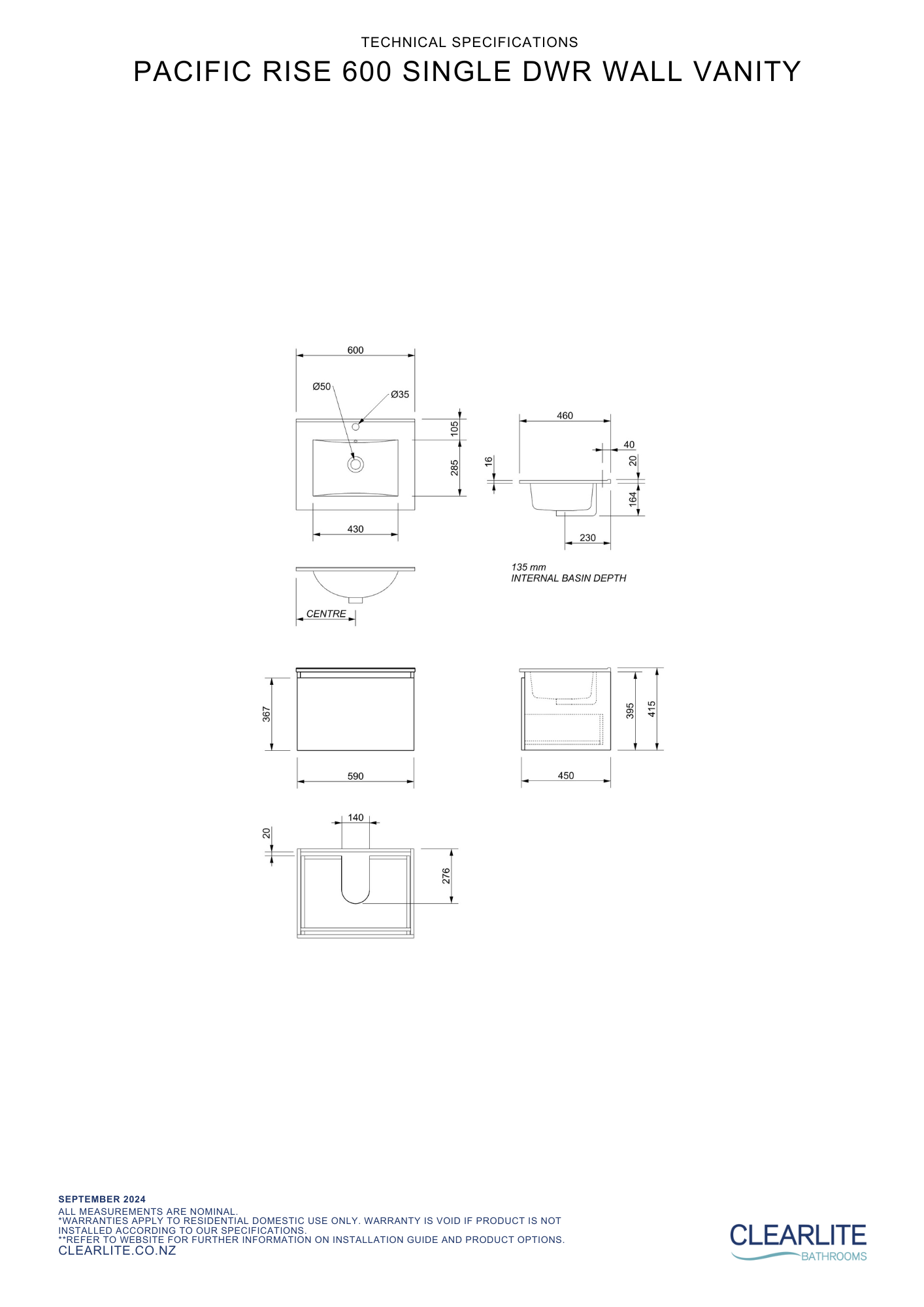 Clearlite Pacific Rise Single Drawer Wall Hung Vanity 600mm - Available in 3 Colours