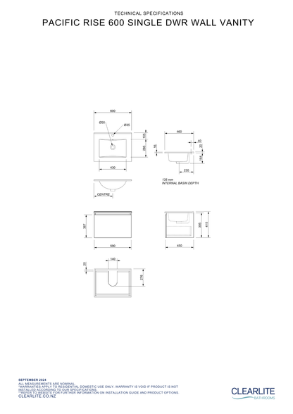 Clearlite Pacific Rise Single Drawer Wall Hung Vanity 600mm - Available in 3 Colours