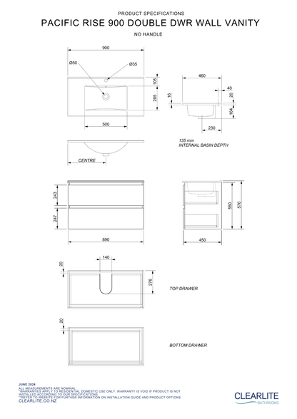 Clearlite Pacific Rise Double Drawer Wall Hung Vanity 900mm - Available in 3 Colours