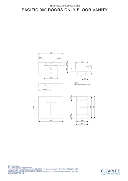 Clearlite Pacific Door Only Floor Standing Vanity 900mm - Available in 3 Colours