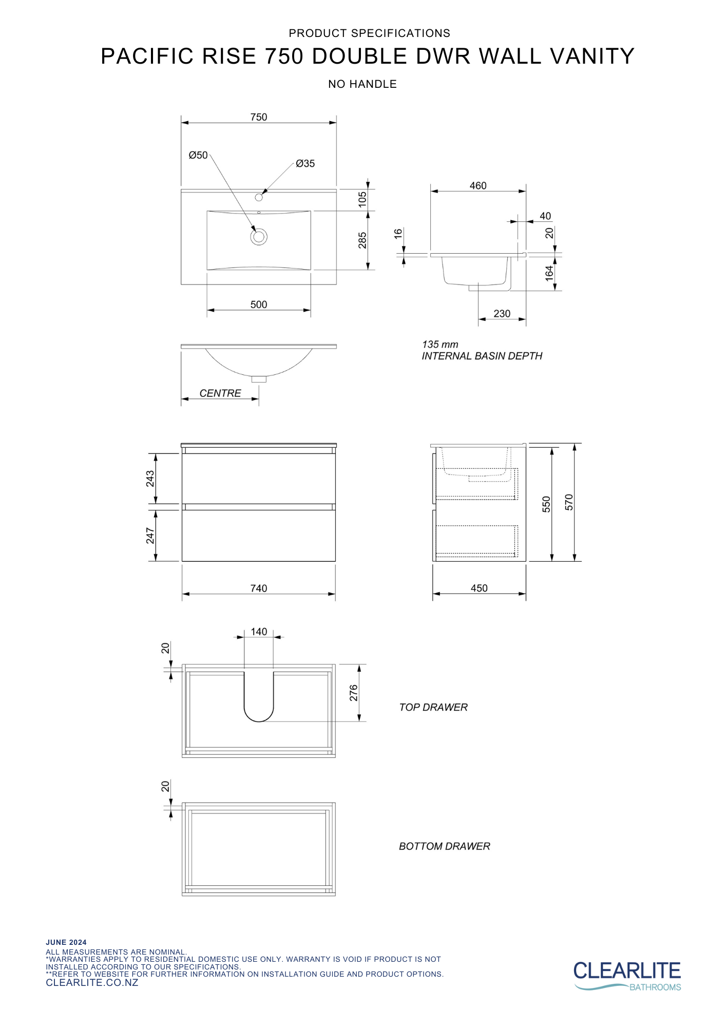 Clearlite Pacific Rise Double Drawer Wall Hung Vanity 750mm - Available in 3 Colours