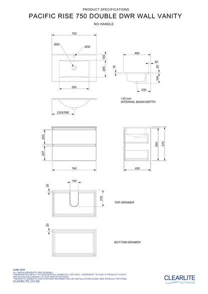 Clearlite Pacific Rise Double Drawer Wall Hung Vanity 750mm - Available in 3 Colours