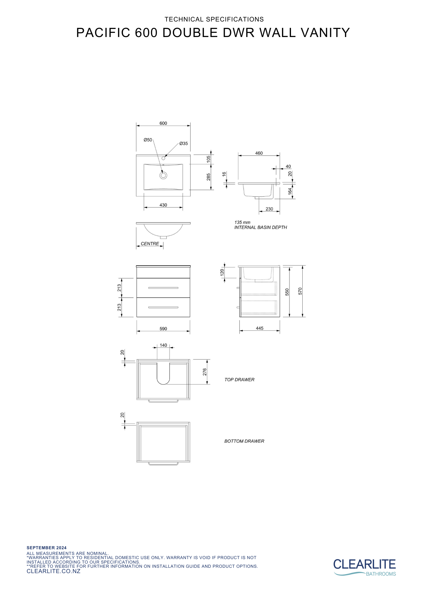 Clearlite Pacific Double Drawer Wall Hung Vanity 600mm - Available in 3 Colours