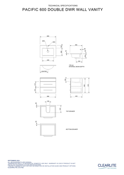 Clearlite Pacific Double Drawer Wall Hung Vanity 600mm - Available in 3 Colours