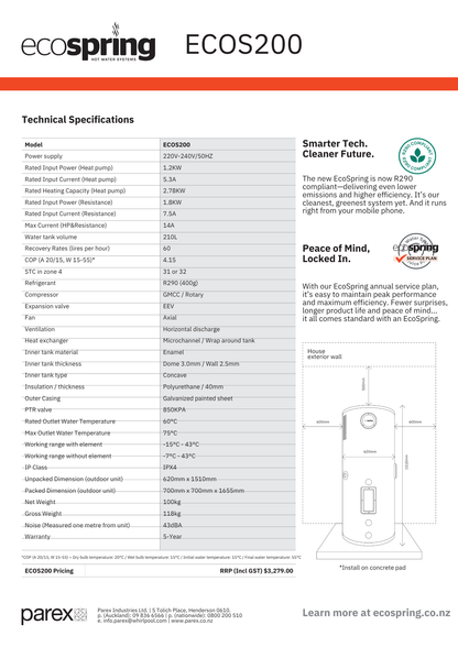 EcoSpring Heat Pump Hot Water Cylinder 200L