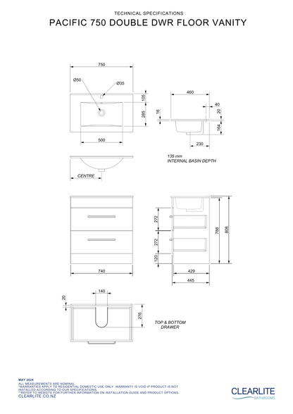 Clearlite Pacific Double Drawer Floor Standing Vanity 750mm - Available in 3 Colours