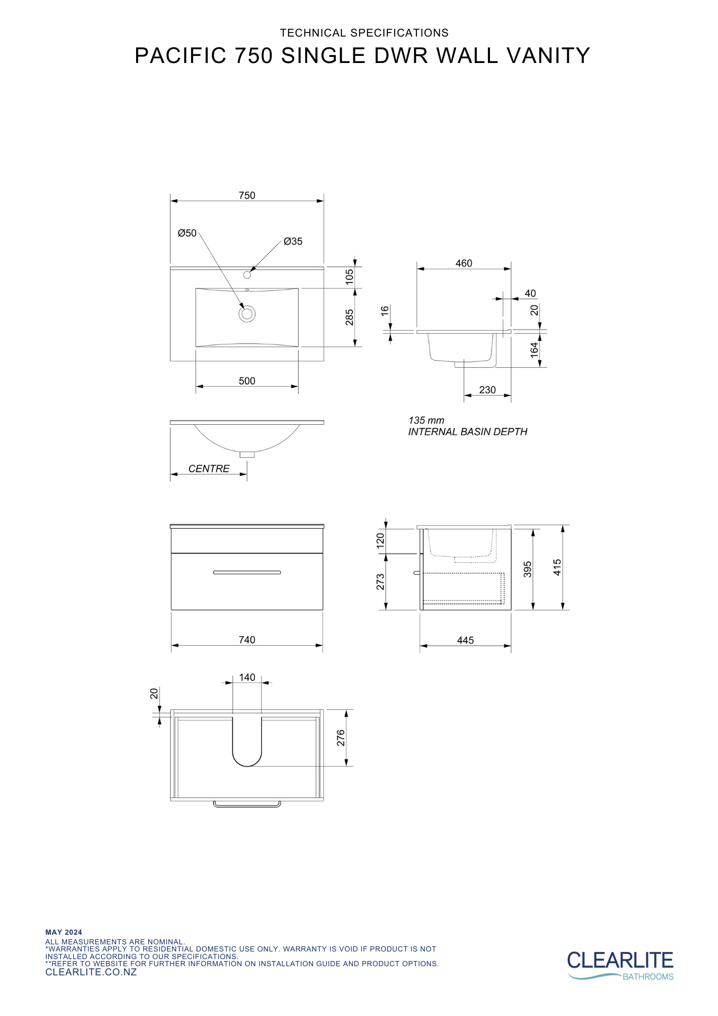 Clearlite Pacific Single Drawer Wall Hung Vanity | 750mm - Available in 3 Colours