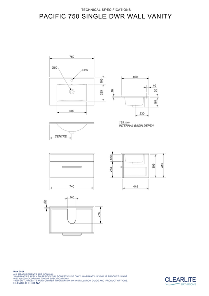 Clearlite Pacific Single Drawer Wall Hung Vanity | 750mm - Available in 3 Colours