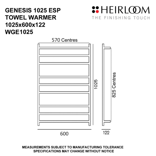 Heirloom Genesis ESP Heated Towel Rail | 1025 x 600mm - Chrome