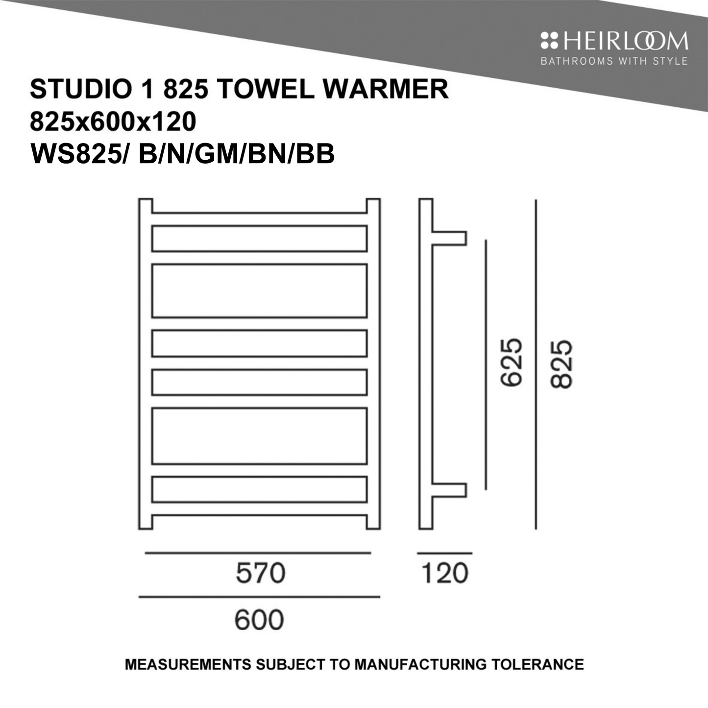 Heirloom Studio 1 ESP Heated Towel Rail | 825 x 600mm - Chrome