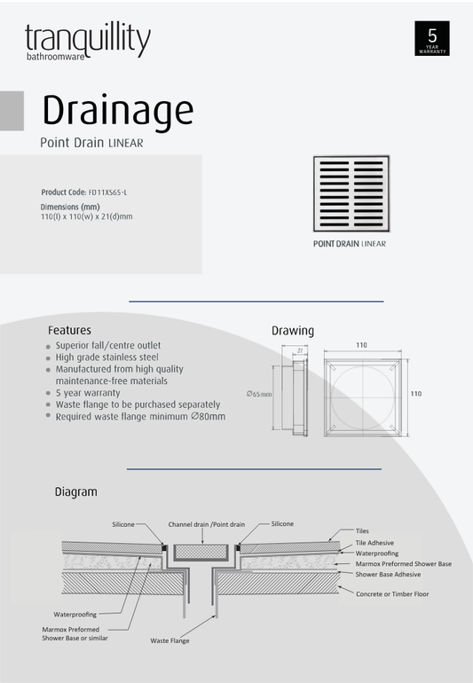 Tranquillity Linear Point Drain 110mm | Polished Stainless