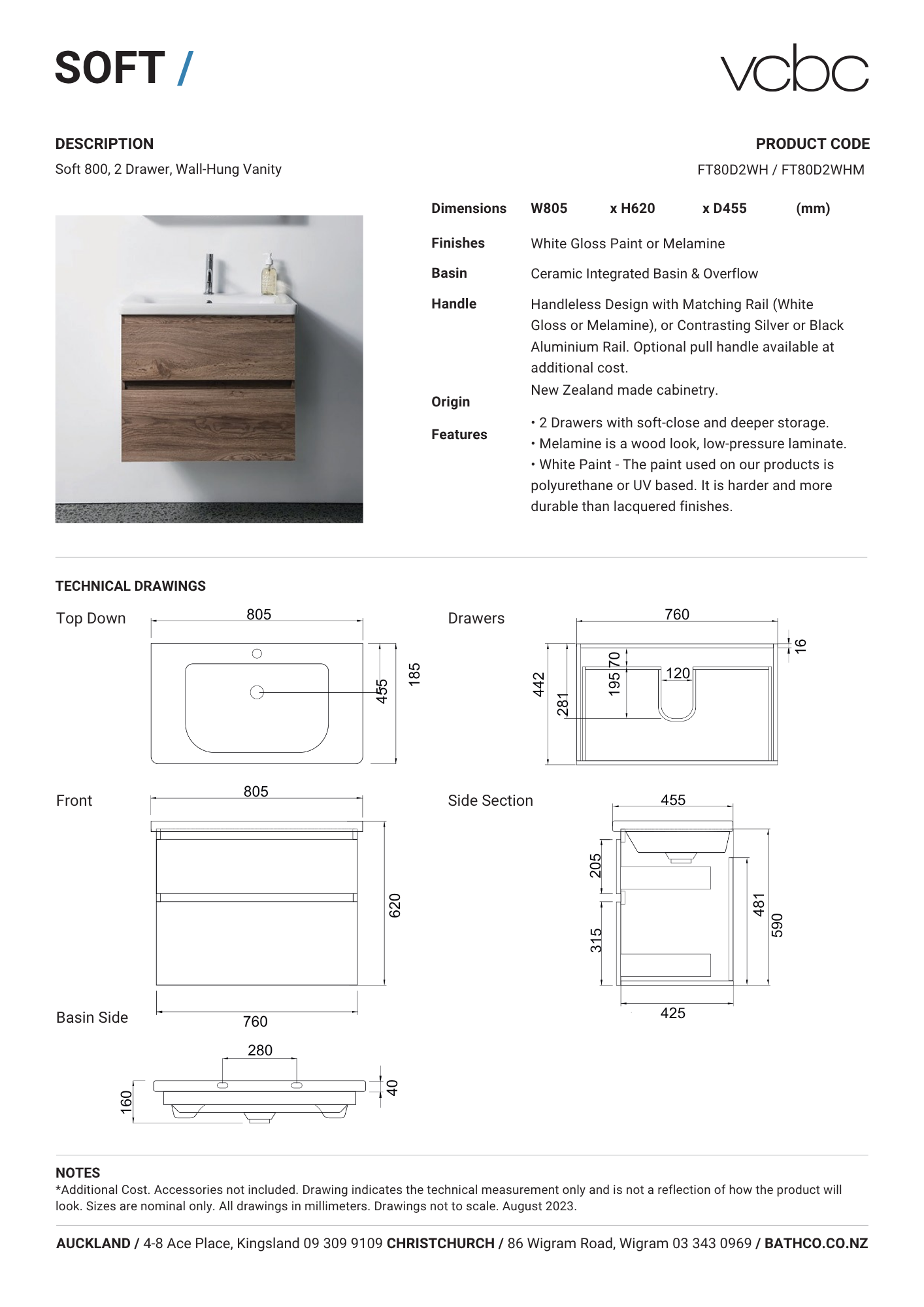 VCBC Soft 2 Drawer Wall Hung Vanity 800mm | Available in 13 Colours