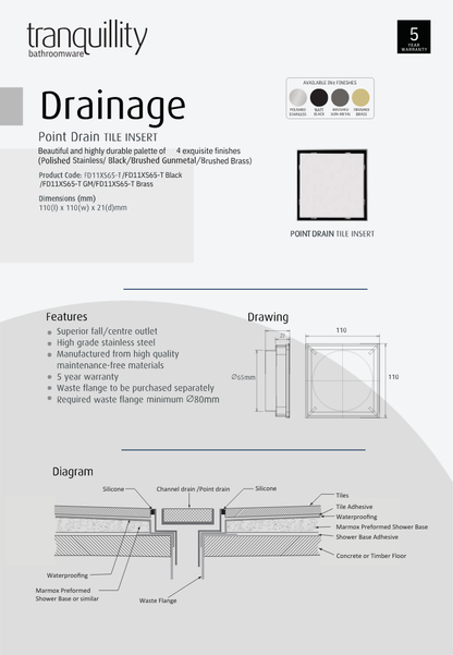 Tranquillity Tile Insert Point Drain 110mm | Available in 4 Colours