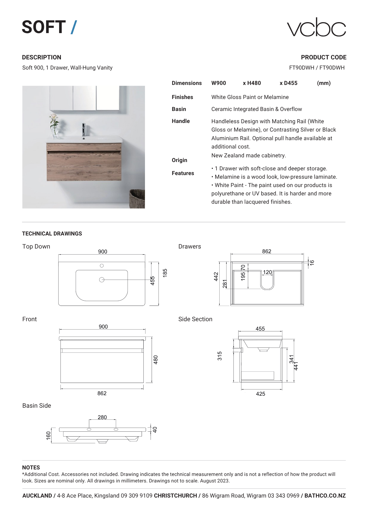 VCBC Soft 1 Drawer Wall Hung Vanity - 5 Sizes / 13 Colour Options