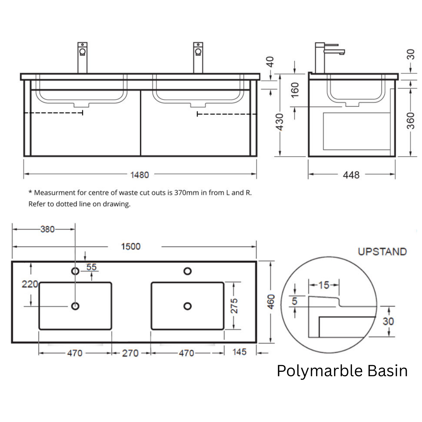 Elementi Novara 2 Drawer Wall Hung Vanity Double Bowl 1500mm - Available in 11 Colours