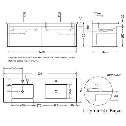 Elementi Novara 2 Drawer Wall Hung Vanity Double Bowl 1500mm - Available in 11 Colours