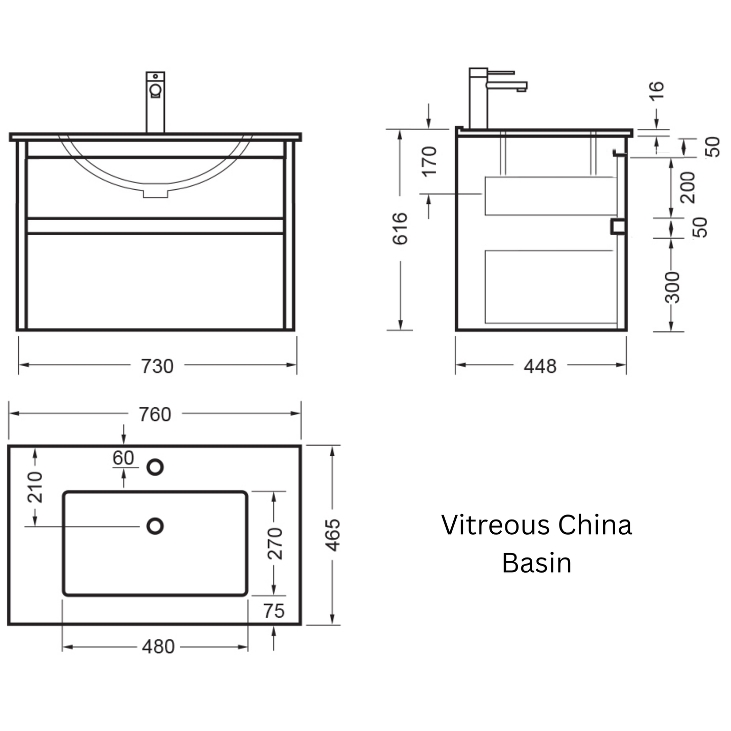 Elementi Novara 2 Drawer Wall Hung Vanity 750mm | Available in 11 Colours