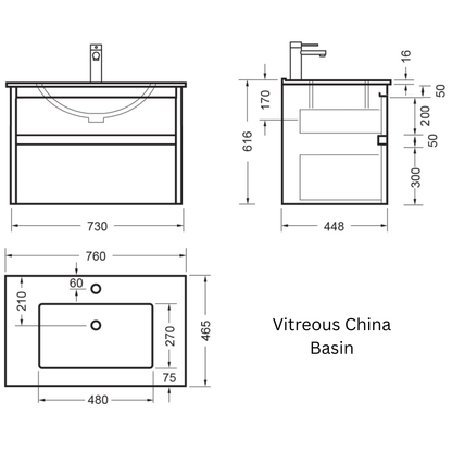Elementi Novara 2 Drawer Wall Hung Vanity 750mm | Available in 11 Colours