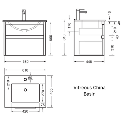 Elementi Novara 2 Drawer Wall Hung Vanity 600mm | Available in 11 Colours