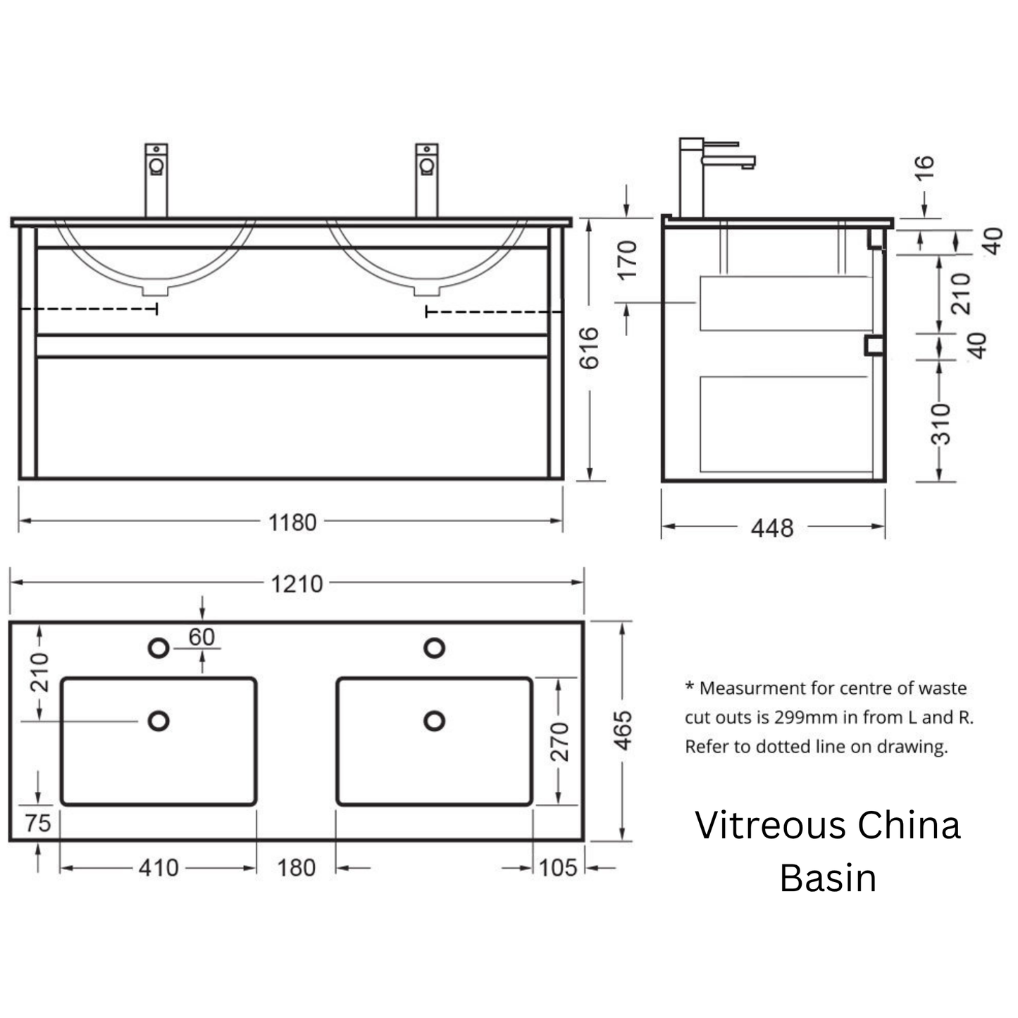 Elementi Novara 2 Drawer Wall Hung Vanity Double Bowl 1200mm - Available in 11 Colours