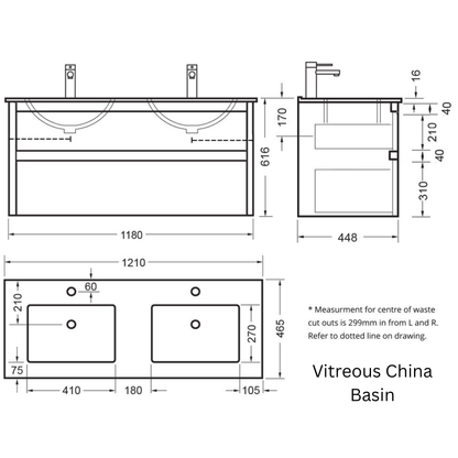 Elementi Novara 2 Drawer Wall Hung Vanity Double Bowl 1200mm - Available in 11 Colours